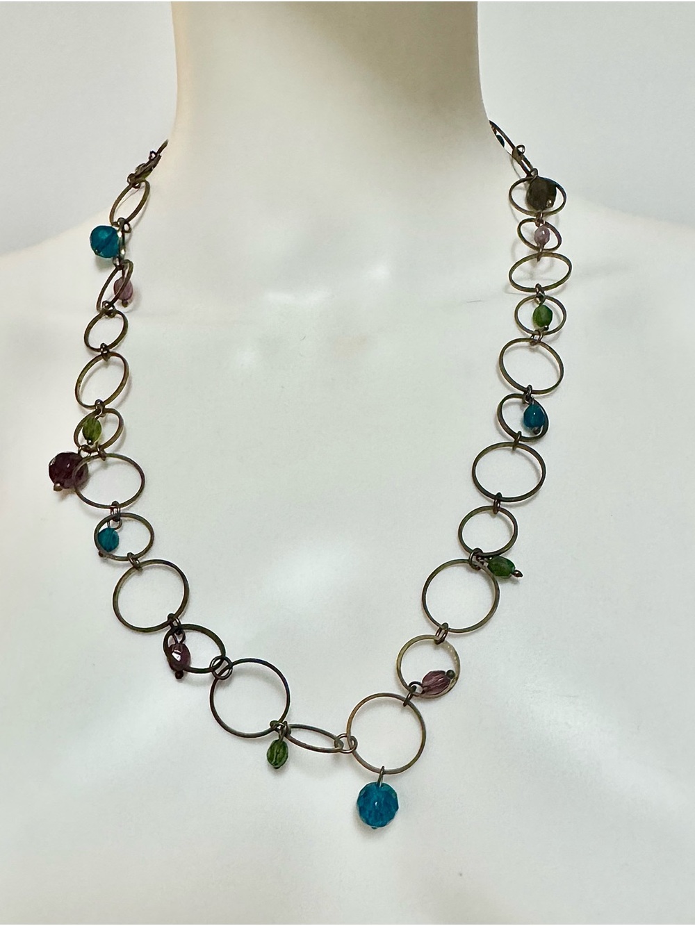 Multicolor Glass Bead Link Necklace - Blue, Green & Purple